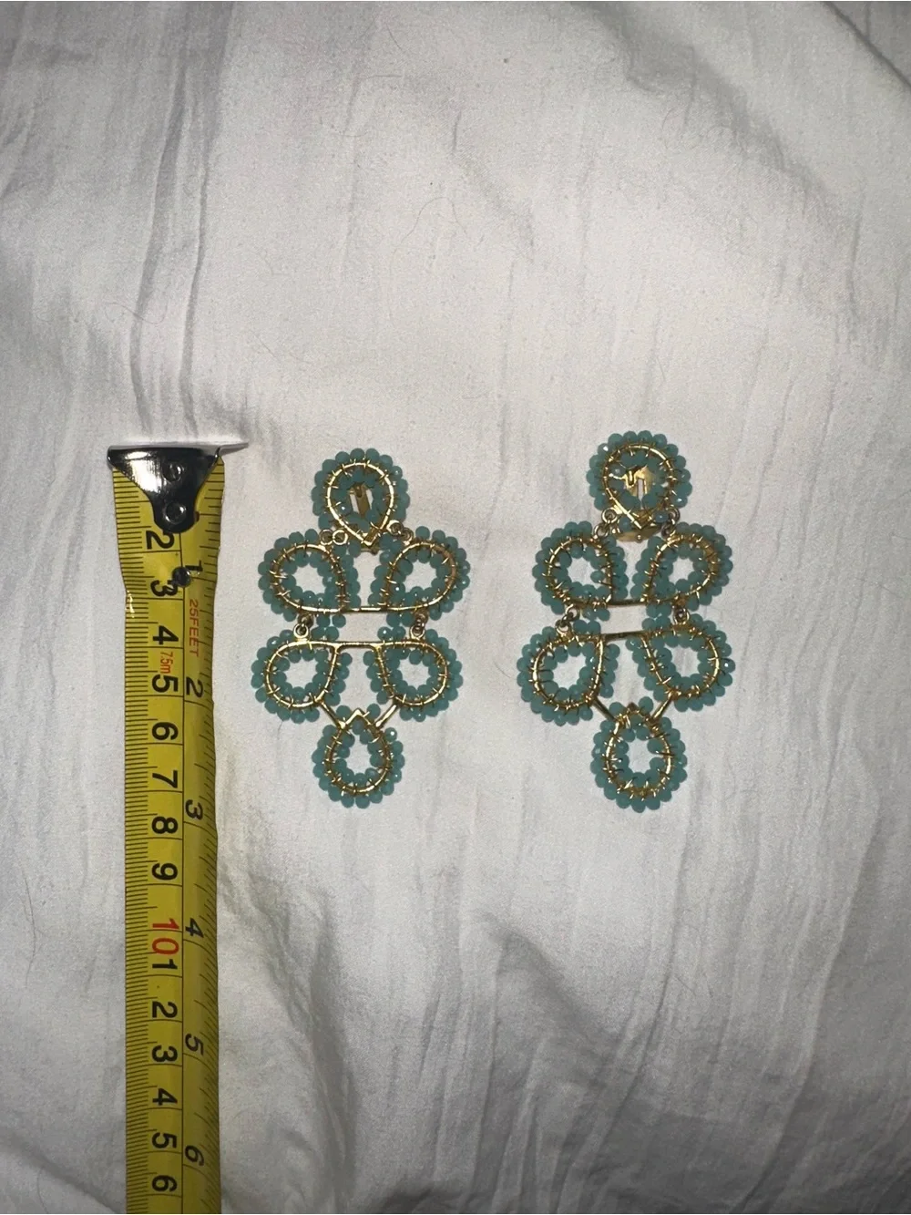 Lisi Lerch Gold and Aqua Beaded Statement Drop Earrings - Aqua CLIP ON - Picture 3 of 5